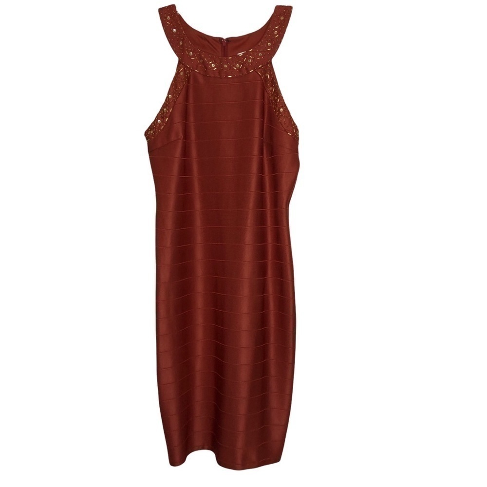 SIGNATURE Rust Midi Sleeveless Stretch Sheath Dress w Sequins & Beading Size 12